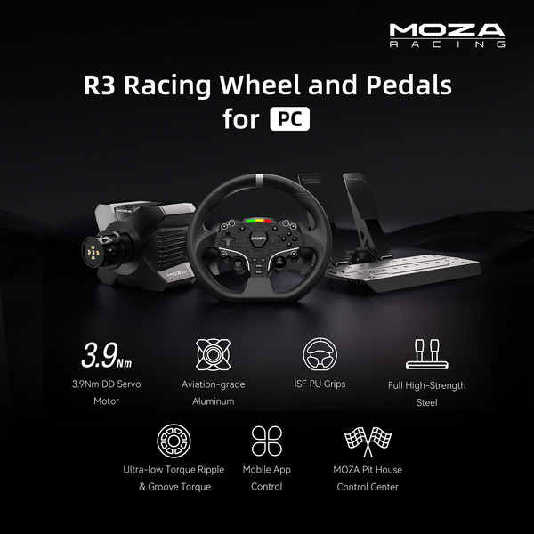 MOZA R3 + ES + SR-P Lite bundel voor pc (Zwart, Basis, stuur en pedalen) (4)